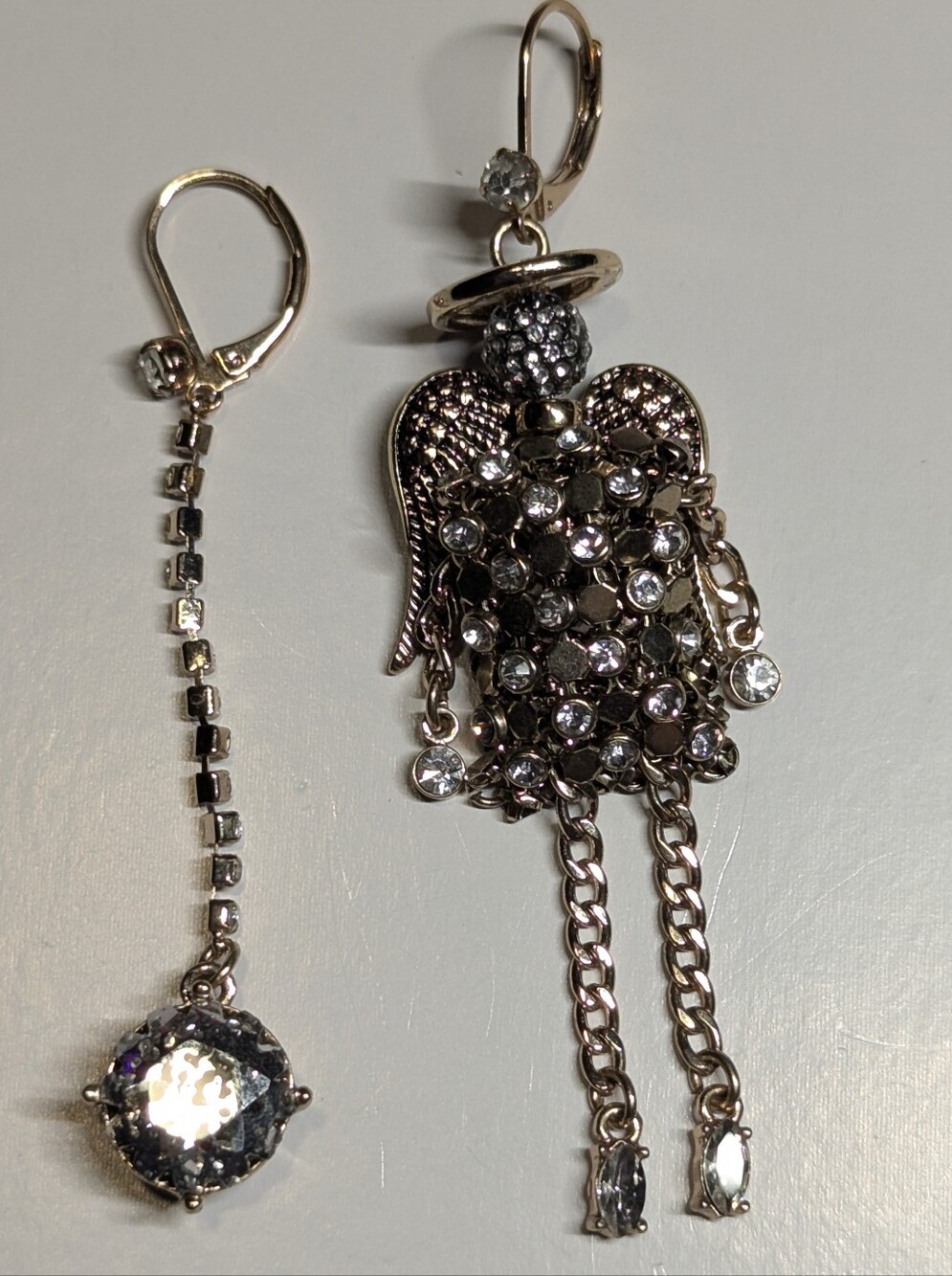 Betsey Johnson Silver & Gold Tone Crystal Angel Dangle Earrings